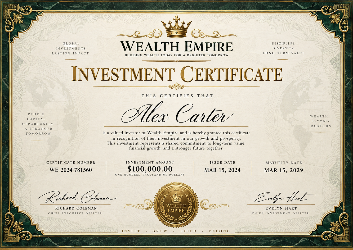 Sample Wealth Empire Investment Certificate